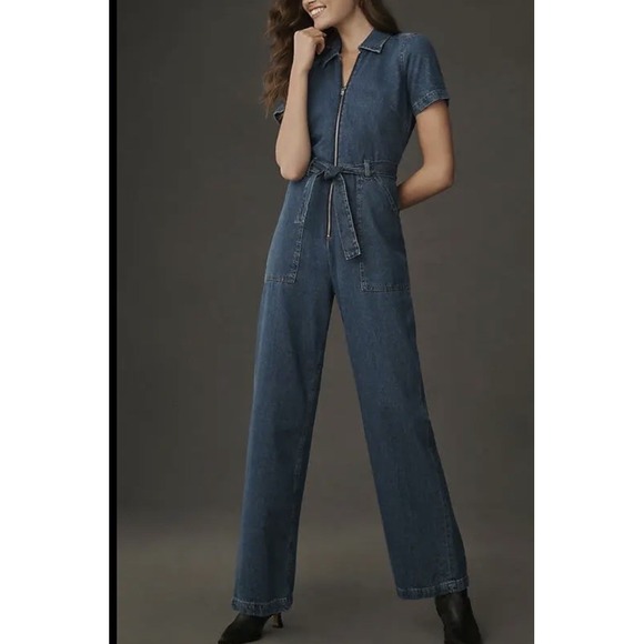Reformation Cassidy Denim JumpsuitZip Up Belted Wide Leg Size 10
